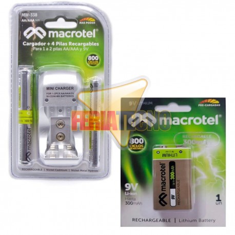 KIT CARGADOR DE PILAS Y BATERÍA + BATERÍA RECARGABLE DE 9V, 250Mah