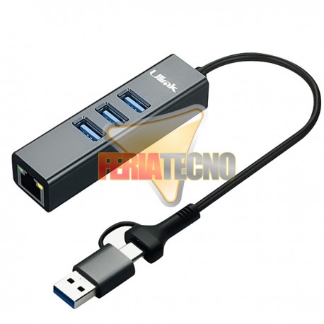 ADAPTADOR USB 3.0 Y USB-C A RJ45 (LAN) CON 3 USB 3.0