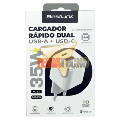 CARGADOR USB CORRIENTE DUAL PD, QC. CARGA RÁPIDA, CON CABLES USB-C, BLAN